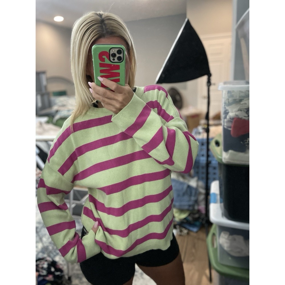 Women's Relaxed Bold Striped Pink & Lime Green Long Sleeve Knit Sweater Top S FP
